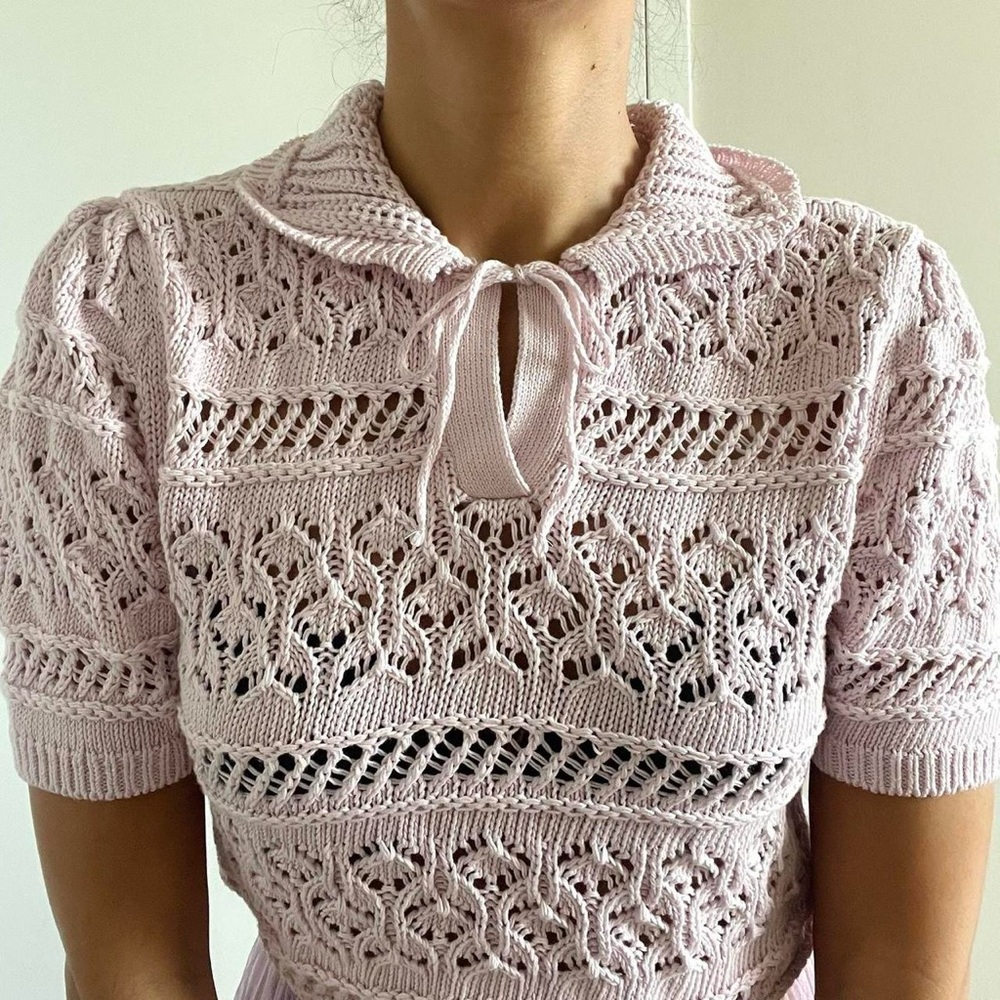 Zara | Pink lilac knitted short sleeve sweater collared top | Size M - Picture 3 of 7
